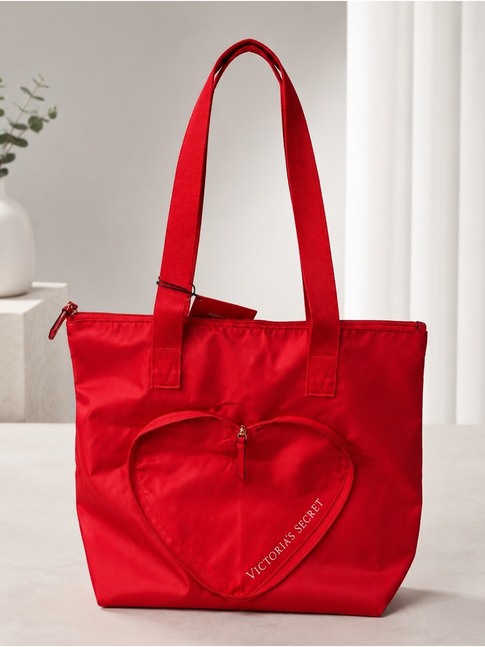 Victoria's Secret Red Heart Zip-Top Foldable Tote with heart pouch